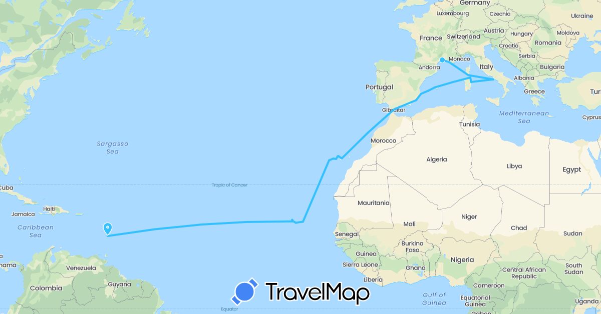 TravelMap itinerary: driving, boat in Cape Verde, Spain, France, Gibraltar, Italy, Saint Lucia (Africa, Europe, North America)
